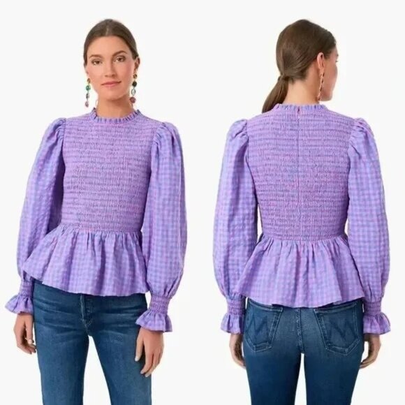 Tuckernuck Hyacinth House Ruby Textured Gingham Peplum Blouse Womens Medium - Picture 1 of 6
